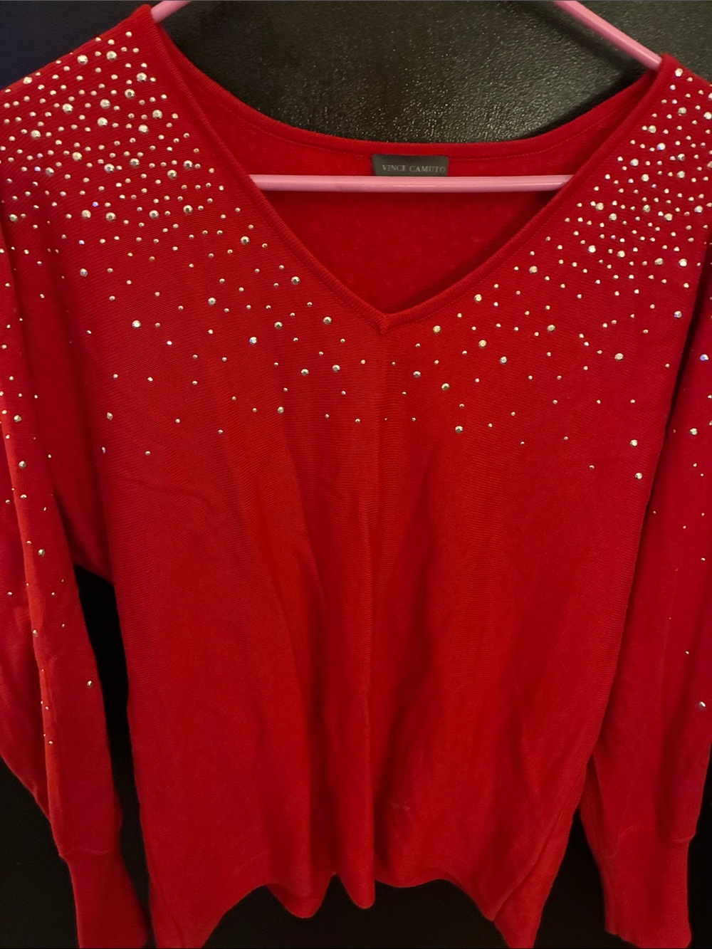 Vince Camuto Red V-Neck Embellished Knit Top M/L tag cut off cotton blend
